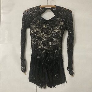 Weissman Black Lace Sequin & Fringe Dance Costume Biketard LC Large Child